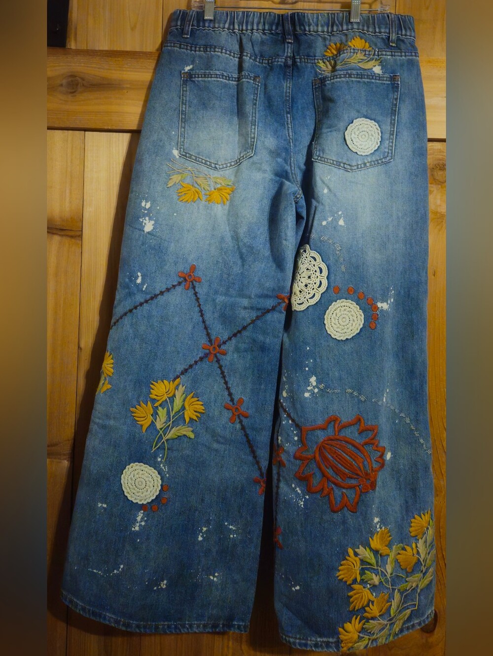 FUNKY STEACH Denim Wide Leg Jeans with  Floral Embroidery & Applique - Picture 4 of 5